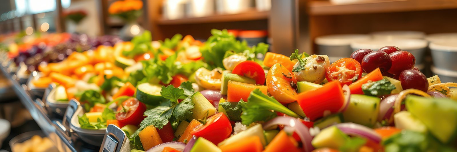 Fresh salad bar featuring a colorful array of vegetables and fruits at a local eatery during lunchtime in a vibrant setting